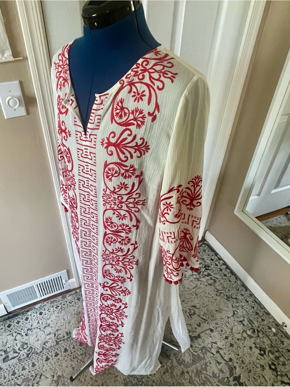 Red and white semi sheer embroidered caftan cover up, super cute Pom Pom sleeves - Picture 5 of 10